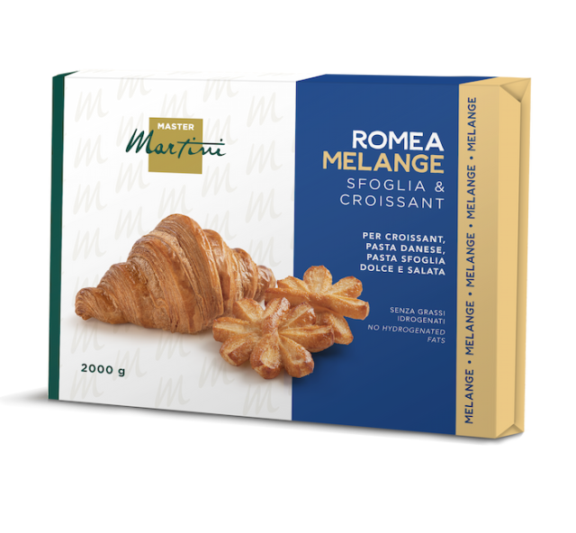 Cutie de 2000g de grăsime Master Martini Romea Melange pentru croissante, cu croissant și produs în formă de stea.