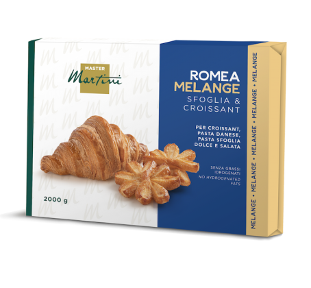 Cutie de 2000g de grăsime Master Martini Romea Melange pentru croissante, cu croissant și produs în formă de stea.