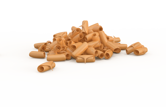 Grămadă de paste tubulare, de culoare bej, asemănătoare cu garganelli sau rigatoni, pe fundal alb.