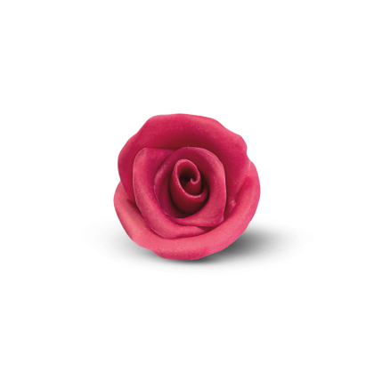 Un singur trandafir roz închis, probabil din pastă de zahăr sau gum paste, pe fundal alb.