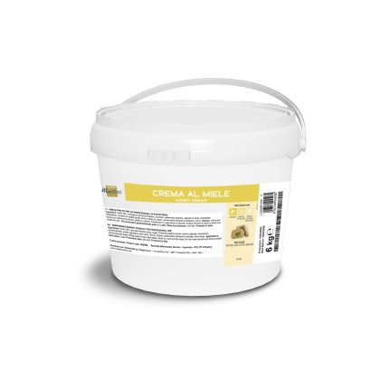 Găleată albă din plastic, 6 kg, cu mâner, etichetă "Crema al Miele", pentru patiserii profesionale.