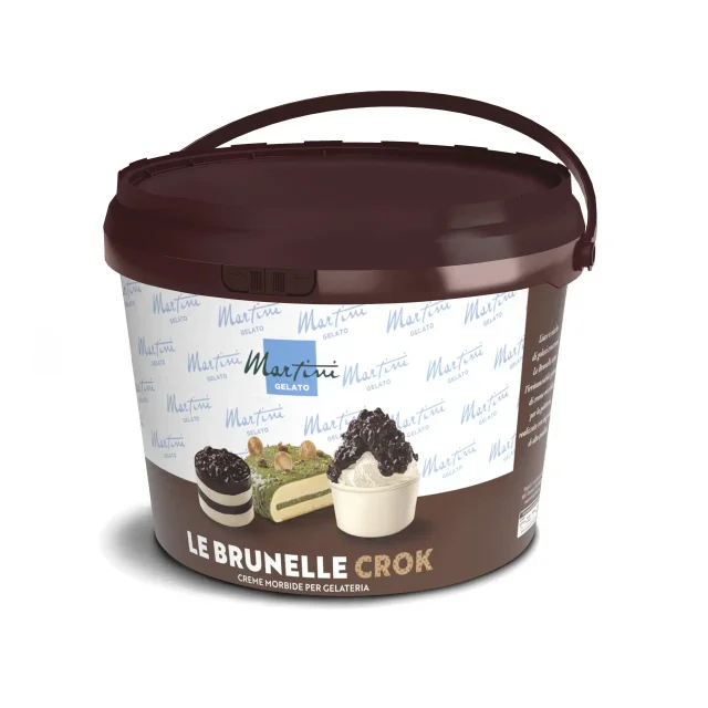 Găleată maro cu cremă Martini Gelato "Le Brunelle Crok" pentru gelaterii, cu imagini de deserturi cu fistic și cacao.